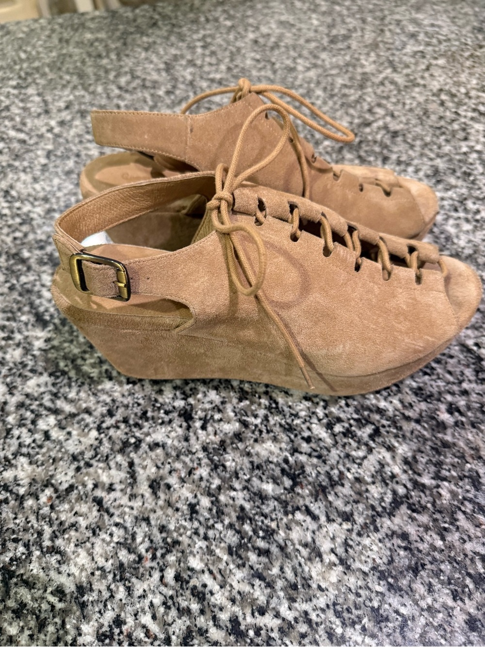 Chocolat Blu Suede Lace-Up Open-Toe Heels in Tan - Picture 2 of 4